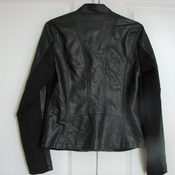 Black Faux Leather Moto Jacket Zippers Ribbed Size Small - Picture 12 of 12